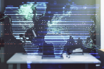 Abstract creative digital world map and modern desktop with pc on background, globalization concept. Multiexposure