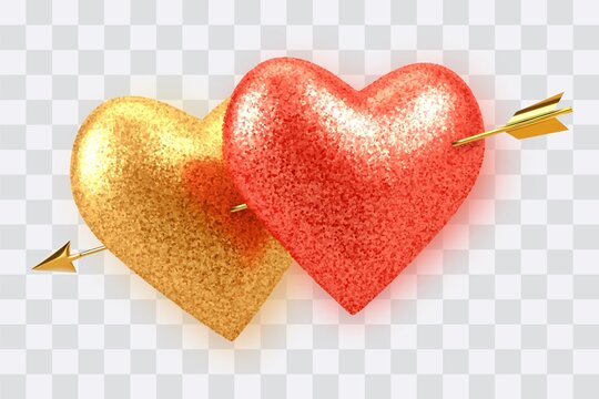 Couple shining realistic red and gold heart shaped balloons with glitter texture pierced by cupids golden arrow isolated on transparent background. Valentines day luxury decoration. Vector