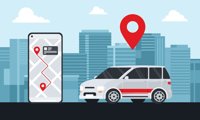 Online ordering taxi car, rent and sharing using service mobile application. smartphone screen with route and points location on a city map on the car and urban landscape background © males_design