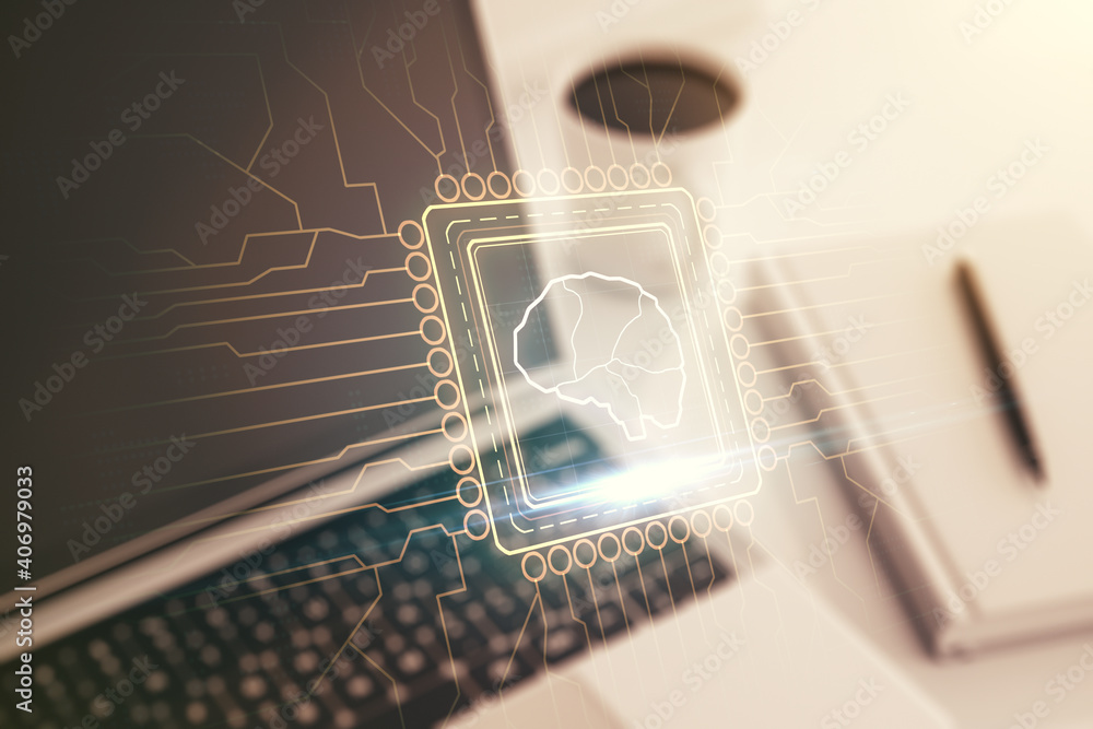 Aufkleber Double exposure of creative artificial Intelligence symbol with modern laptop on background. Neural networks and machine learning concept