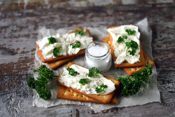 Soft focus. Salty crackers with white cream cheese.