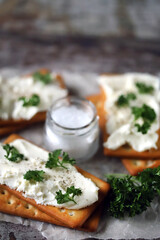 Soft focus. Salty crackers with white cream cheese.