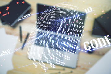 Abstract creative fingerprint illustration on modern computer background, personal biometric data concept. Multiexposure