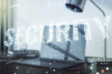 Cyber security creative concept on modern laptop background. Double exposure