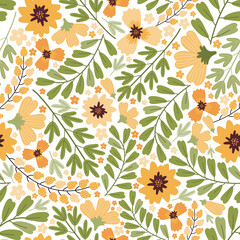 Blooming summer meadow seamless pattern. Repeating dense flower background. Lot of different yellow flowers, buds, leaves, stems on the field. Liberty millefleurs. Scandinavian style art florals.