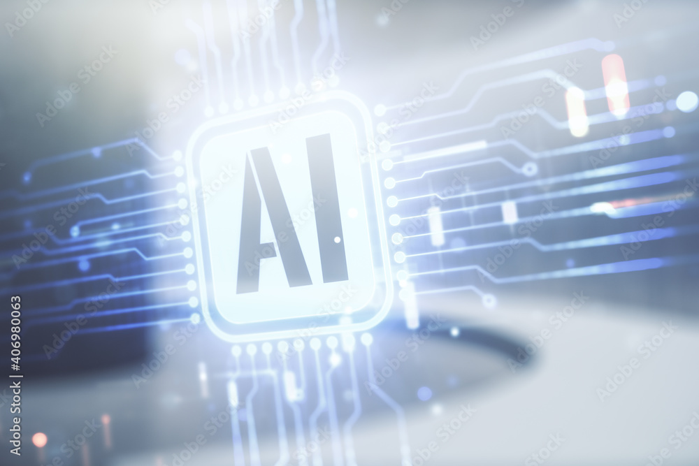 Poster double exposure of creative artificial intelligence icon on empty modern office background. neural n
