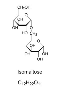 Isomaltose, chemical structure. Disaccharide, similar to maltose, a pyranose and reducing sugar. Product of caramelization of glucose. Skeletal and structural formula. Illustration over white. Vector.