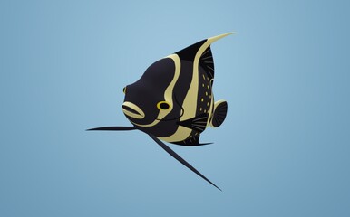 3D cartoon character of Angel fish with large bulging eyes floating in the air on a blue background. Funny cartoon  fish