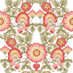 Fantasy flowers in retro, vintage, jacobean embroidery style. Seamless pattern, background. Vector illustration. Isolated on white background.