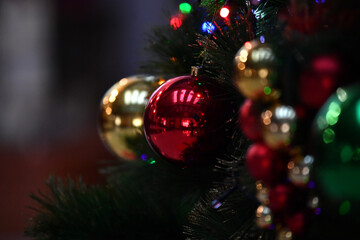 christmas, tree, decoration, holiday, ball, ornament, celebration, xmas, red, christmas tree, winter, green, new, year, bauble, lights, season, gift, light, festive, december, gold, fir, pine, seasona