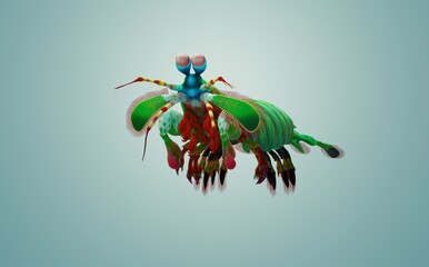 3D cartoon character "mantis crayfish" with large bulging eyes, hovering in the air against a blue background. Funny cartoon 