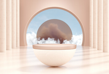 Abstract minimal scene with product podium and clouds. Podium 3d rendering minimal background with product stage platform. Abstract pastel background mock-up scene for product display.