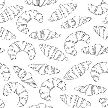 Black and white seamless pattern with croissants. Contour drawing of baking on a white background. Template for cafe, menu, paper.