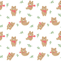 Seamless Pattern with Cute Cartoon Bear and Leaf Illustration Design on White Background