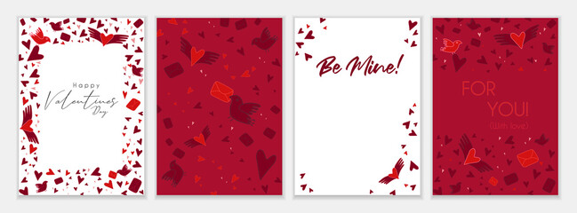 Collection of red, burgundy and white colored Valentines day cards and other flyer templates with lettering. Typography poster, card, label, banner design set. Vector illustration EPS10