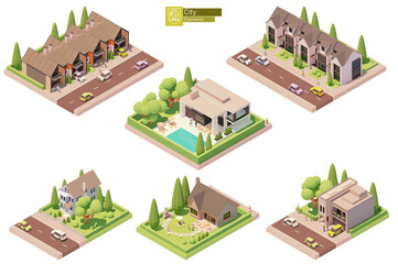 Vector isometric buildings and street elements set. Suburban and village houses, homes. Isometric city or town map construction elements - 406982029
