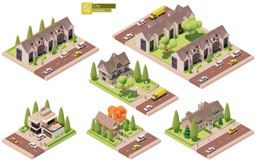Fototapeta premium Vector isometric buildings and street elements set. Suburban and village houses, homes. Isometric city or town map construction elements