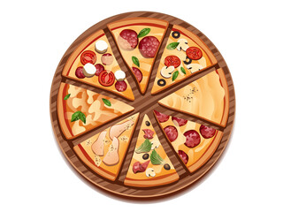 Fresh hot slices pizza with delicious ingredients, with various toppings pepperoni, gorgonzola, margarita,  capricciosa, cheesecake, fast food on chalkboard white background- Top view vector illustrat