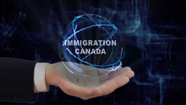 Painted hand shows concept text Immigration Canada hologram on his hand. Drawn man in business suit with future technology screen and modern cosmic background