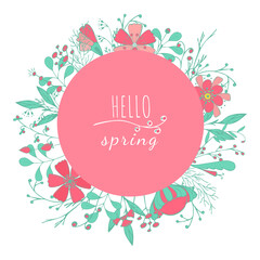 Spring wreath with leaves, berries, flowers in doodling style and text. Round frame made of hand-drawn botanical elements.