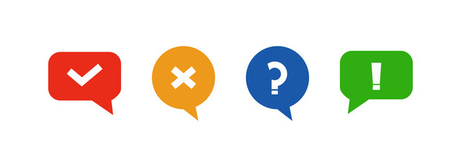 Set of colored check box icons. Tick and cross, question mark, exclamation point. Vector illustration.