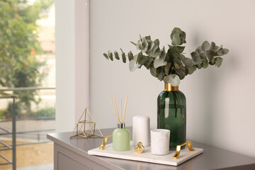Composition with eucalyptus branches in vase on chest of drawers indoors. Interior design © New Africa