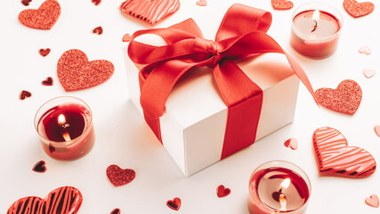 Valentines day heart, romantic gift box, red love candle on white background. Sainte Valentine,...