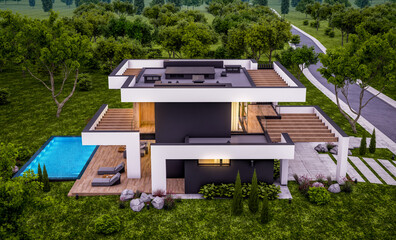 Fototapeta na wymiar 3d rendering of modern cozy house with pool and parking for sale or rent in luxurious style and beautiful landscaping on background. Clear summer evening with cozy light from window