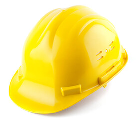 Studio photo of a yellow construction helmet. Isolated on white background. 