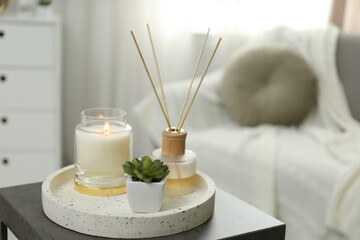 Air reed freshener, candle and plant on table in room, space for text