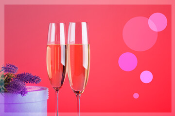 Valentines day or birthday greeting card with gift box and champagne. Romantic for couple.