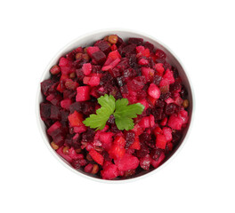 Traditional Russian salad vinaigrette in bowl isolated on white, top view