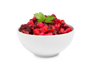 Traditional Russian salad vinaigrette in bowl isolated on white