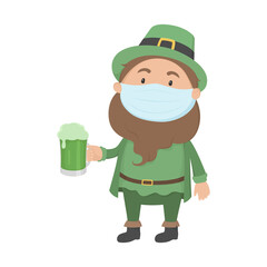 Leprechaun in mask hold green beer. Vector illustration.