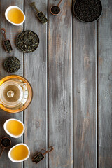 Obraz na płótnie Canvas Set of dry leaf tea, overhead view. Asian tea concept