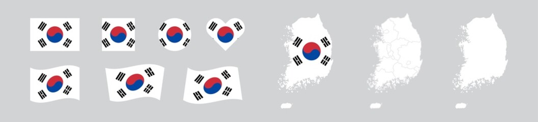 South Korea set national flag and map. Republic of Korea isolated icon. Vector