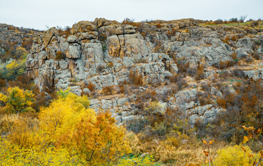 Aktovsky Canyon in Ukraine surrounded large stone boulders