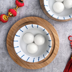 Top view of big tangyuan in a bowl for Chinese new year food.