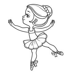 Cute cartoon little ballerina girl dancing on tiptoe outlined for coloring isolated on a white background