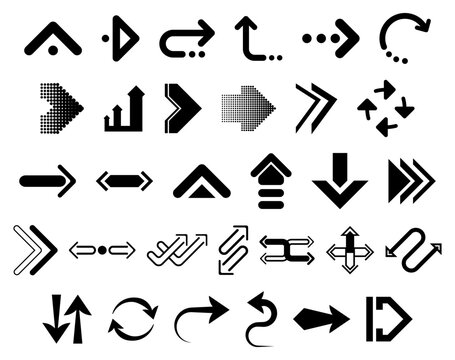 Set of isolated next or right move arrows. Play buttons for website. Undo and redo symbols. Directional vector icon for software design. Circle sign for update or refresh. Navigation pointer.Pictogram