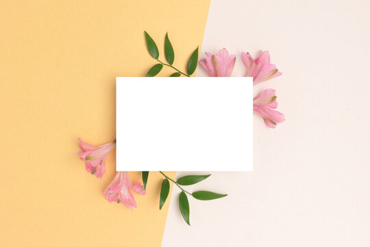 Floral Frame Made Of Alstroemeria Flower On A Beige And Gold Background. Empty Paper Card Mockup. Springtime Concept For 8 March Or Mothers Day.