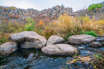 A fast clean stream runs among smooth wet stones surrounded by tall dry lumps