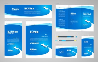 Airplane flight transportation theme Set flyer cover, tri-fold, banner, roll up banner, business card blue color © vectorboom