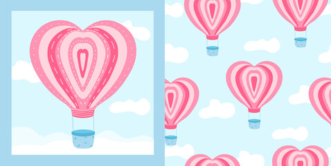 Cute pink air ballon with heart shape in the sky with clouds amd seamless pattern with it. Postcard for Valentines day, invitation. Vector