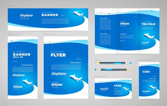 Airplane flight transportation theme Set flyer cover, tri-fold, banner, roll up banner, business card blue color