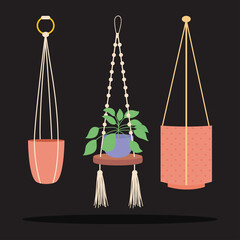 icon set of decorative plant and macrame hangers with pots for plants, colorful design