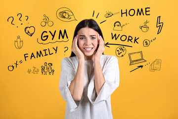 Fototapeta premium Stressed young woman, text and drawings on yellow background