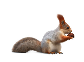 Cute squirrel with nut on white background
