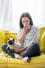 Obraz premium allergic woman with closed eyes holding paper napkin while sitting on couch with cat