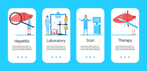 Hepatitis A, B, C, D, cirrhosis apps. World hepatitis day concept. Tiny doctors treat liver. Laboratory, blood test are shown. Blue templates vector for mobile website development - obrazy, fototapety, plakaty